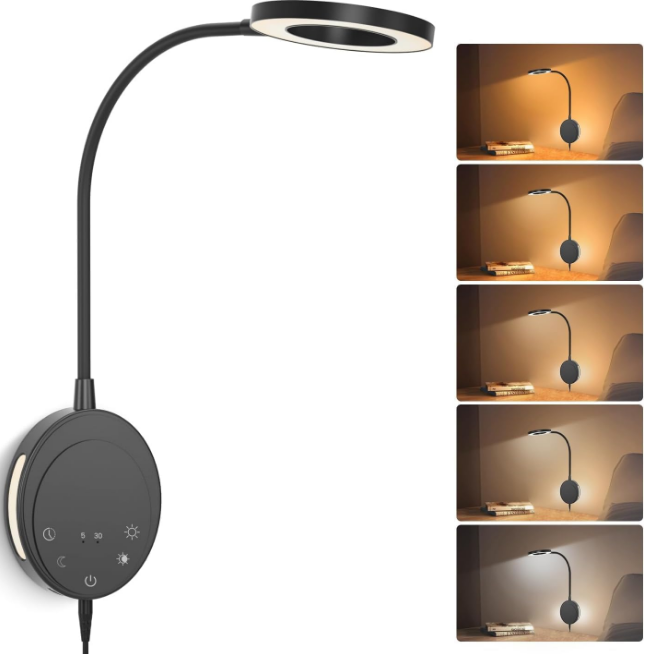 Wall Mounted Reading Light,Bedside Headboard Lights with 5 Color Temperature &5 Dimming,360°Flexible Gooseneck,USB Output, Night Light&Timer Function- Perfect for Reading (Black)