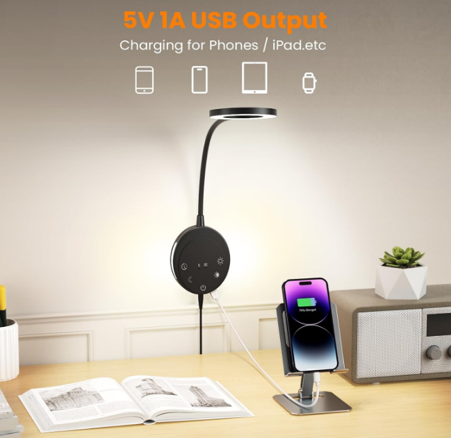 Wall Mounted Reading Light,Bedside Headboard Lights with 5 Color Temperature &5 Dimming,360°Flexible Gooseneck,USB Output, Night Light&Timer Function- Perfect for Reading (Black)