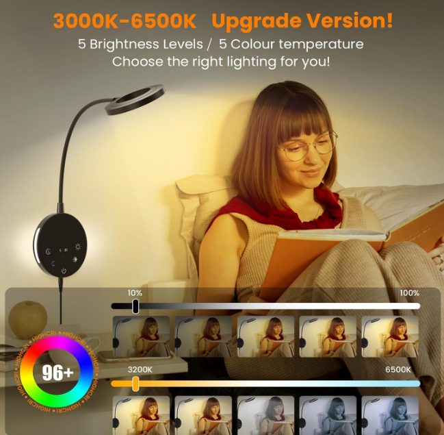 Wall Mounted Reading Light,Bedside Headboard Lights with 5 Color Temperature &5 Dimming,360°Flexible Gooseneck,USB Output, Night Light&Timer Function- Perfect for Reading (Black)