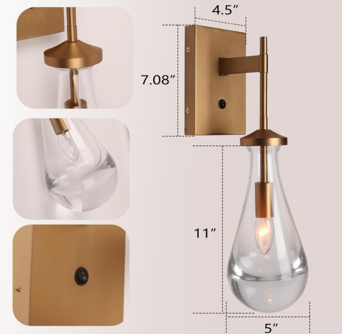 Raindrop Wall Sconces, Brushed Brass Glass Wall Sconce with On Off Switch, Modern Wall Light Fixtures Bathroom Wall Lamp for Bedroom Living Room Vanity Hallway