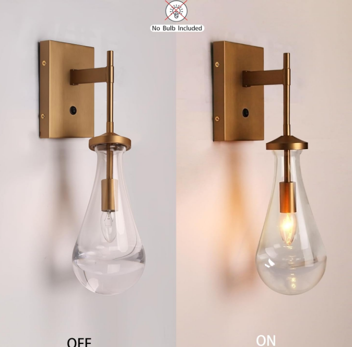 Raindrop Wall Sconces, Brushed Brass Glass Wall Sconce with On Off Switch, Modern Wall Light Fixtures Bathroom Wall Lamp for Bedroom Living Room Vanity Hallway