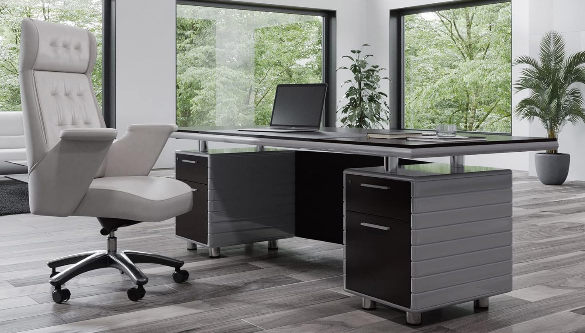 Furniture Modern Kennedy Executive Desk with Silver Accents and Filing Storage Pedestals - Dark