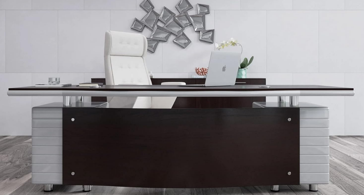 Furniture Modern Kennedy Executive Desk with Silver Accents and Filing Storage Pedestals - Dark