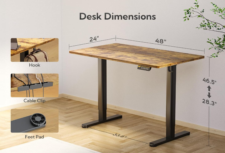 Electric Standing Desk, Adjustable Height Stand up Desk, 24x48 Inches Sit Stand Home Office Desk with Splice Board, Black Frame/Rustic Brown Top