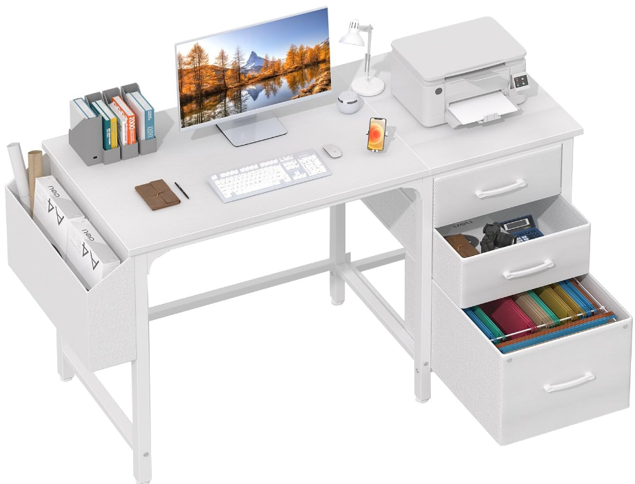White Computer Desk with Fabric File Drawers Cabinet, 47 Inch Home Office Desks with Filing Cabinet for Small Space, Modern Writing Table PC Desks, White