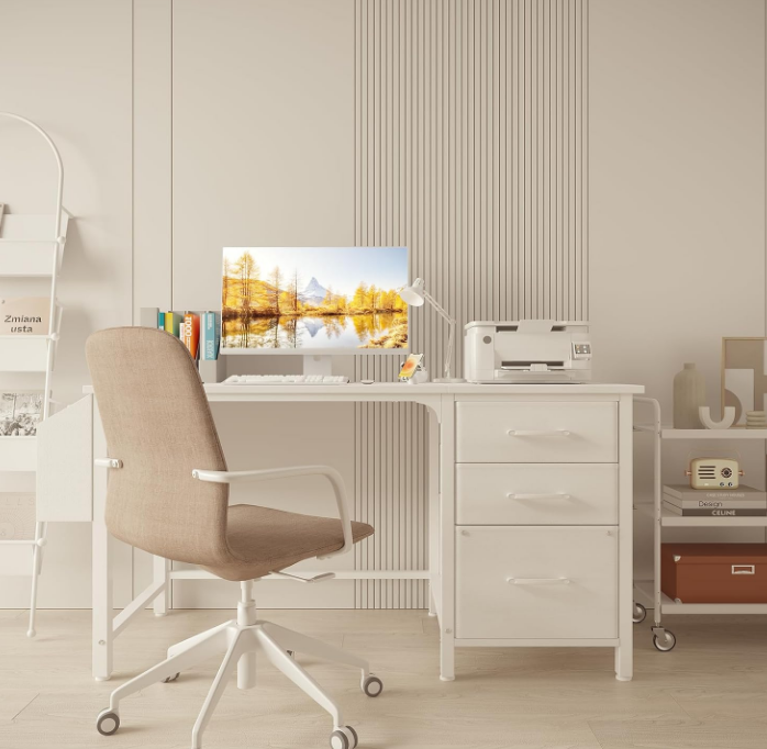 White Computer Desk with Fabric File Drawers Cabinet, 47 Inch Home Office Desks with Filing Cabinet for Small Space, Modern Writing Table PC Desks, White
