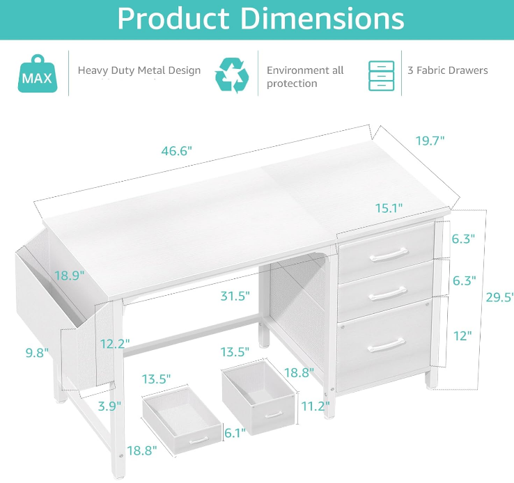 White Computer Desk with Fabric File Drawers Cabinet, 47 Inch Home Office Desks with Filing Cabinet for Small Space, Modern Writing Table PC Desks, White