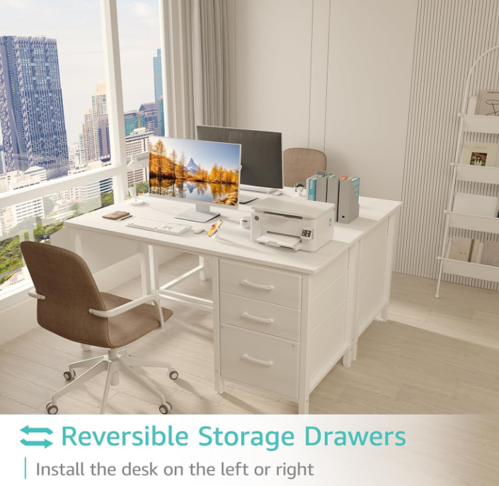 White Computer Desk with Fabric File Drawers Cabinet, 47 Inch Home Office Desks with Filing Cabinet for Small Space, Modern Writing Table PC Desks, White