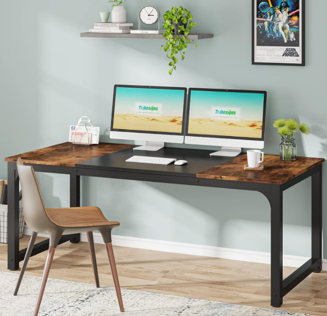 Modern Computer Desk, 63 x 31.5 inch Large Office Desk Computer Table Study Writing Desk Workstation for Home Office, Vintage Black Metal Frame