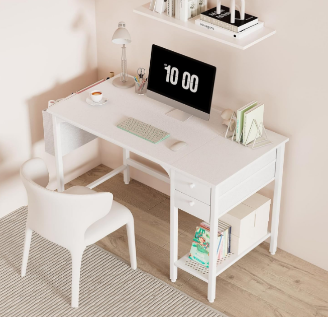 White Small Desk with Drawers - 40 Inch Computer Desk for Small Space Home Office, Modern Simple Study Writing Table PC Desks