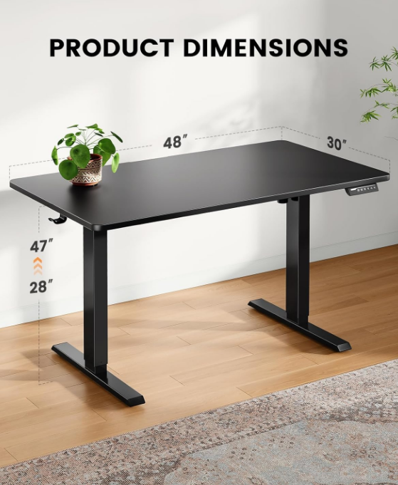 Whole Piece Standing Desk with 48x30 inch Desktop, Adjustable Stand Up Desk for Home Office, Electric Computer Desk Workstation with Cable Management Tray, Black