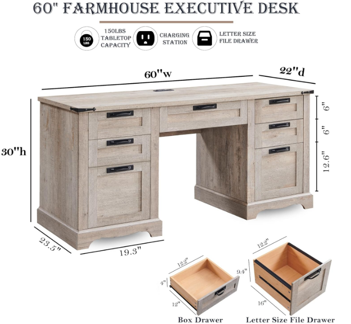 60" Farmhouse Executive Desk with Drawers, Wood Home Office Desk w/Charging Station, Keyboard Tray, File Drawer, Storage Cabinet, Rustic Computer Writing Desk (Light Rustic Oak)