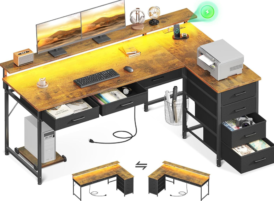 53" L Shaped Desk with 7 File Drawers, Gaming Desk with LED Light & Power Outlet, Reversible Home Office Desk with Monitor Shelf & Movable CPU Stand, Corner Computer Desk, Vintage