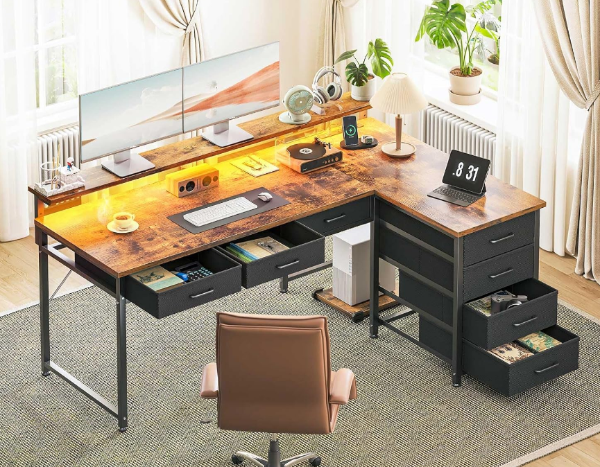 53" L Shaped Desk with 7 File Drawers, Gaming Desk with LED Light & Power Outlet, Reversible Home Office Desk with Monitor Shelf & Movable CPU Stand, Corner Computer Desk, Vintage