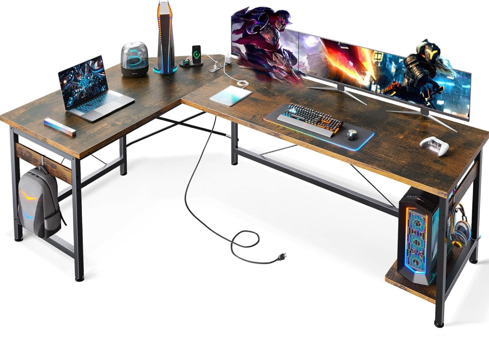 66" L Shaped Gaming Desk with Outlet, L Shaped Desk with CPU Stand, Corner Computer Desk, Home Office Desk, Writing Desk, Vintage