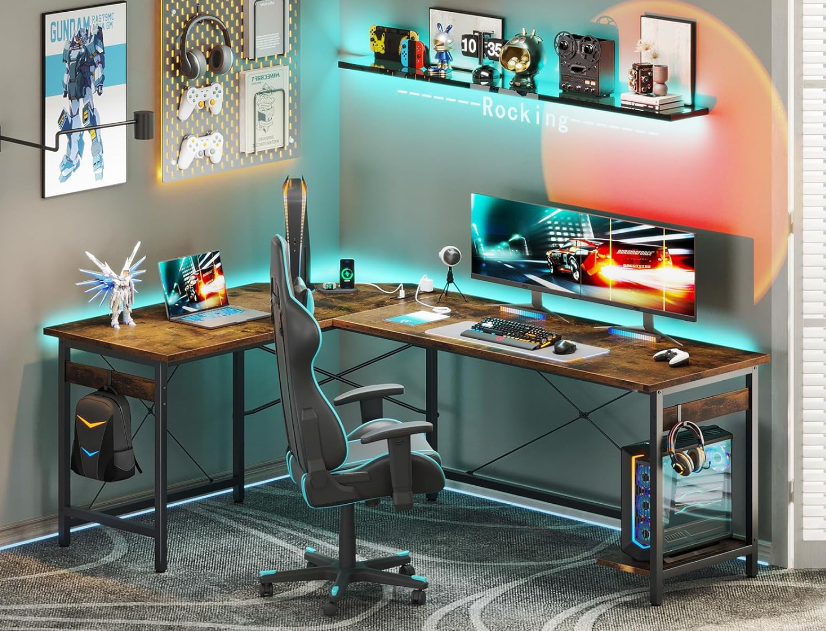 66" L Shaped Gaming Desk with Outlet, L Shaped Desk with CPU Stand, Corner Computer Desk, Home Office Desk, Writing Desk, Vintage