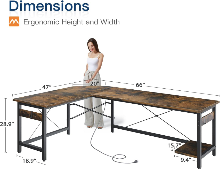 66" L Shaped Gaming Desk with Outlet, L Shaped Desk with CPU Stand, Corner Computer Desk, Home Office Desk, Writing Desk, Vintage