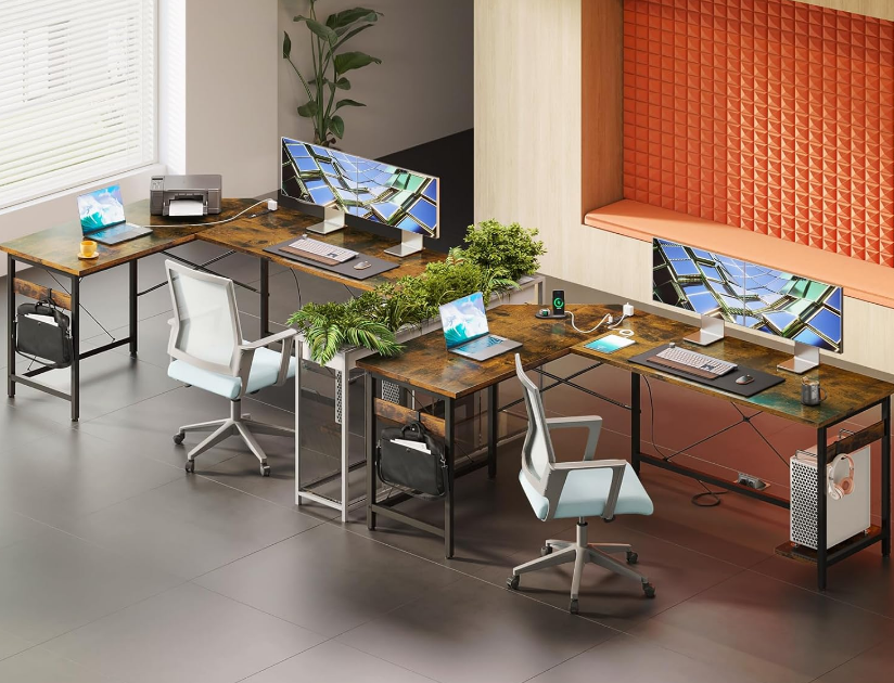 66" L Shaped Gaming Desk with Outlet, L Shaped Desk with CPU Stand, Corner Computer Desk, Home Office Desk, Writing Desk, Vintage