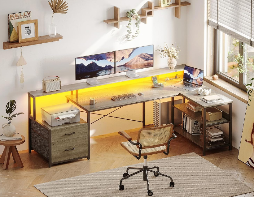Shaped Desk with File Drawer, 75" Reversible L Shaped Computer Desk with Power Outlet & LED Strip, Office Desk with Storage Shelves, Gaming Desk with Monitor Shelf, Corner Desk, Grey Oak