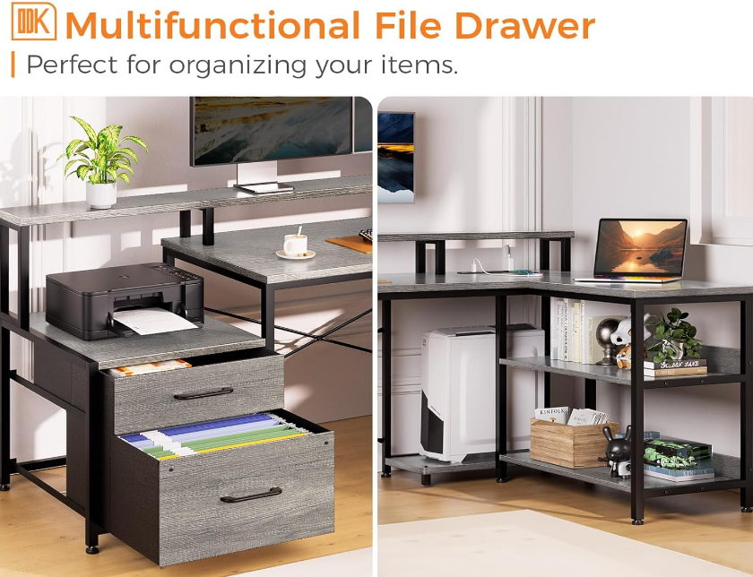 Shaped Desk with File Drawer, 75" Reversible L Shaped Computer Desk with Power Outlet & LED Strip, Office Desk with Storage Shelves, Gaming Desk with Monitor Shelf, Corner Desk, Grey Oak