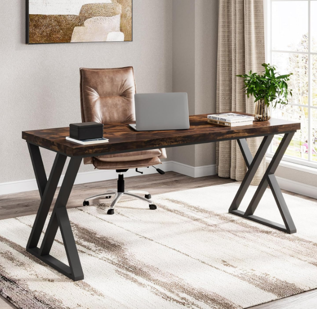 Writing Computer Desk, 55 inch Heavy Duty Study Desk with Z-Shaped Metal Leg, Modern Simple Home Office Computer Desk, Rustic Brown