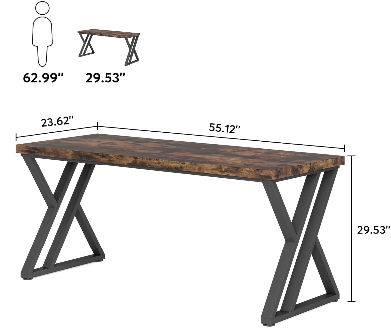 Writing Computer Desk, 55 inch Heavy Duty Study Desk with Z-Shaped Metal Leg, Modern Simple Home Office Computer Desk, Rustic Brown