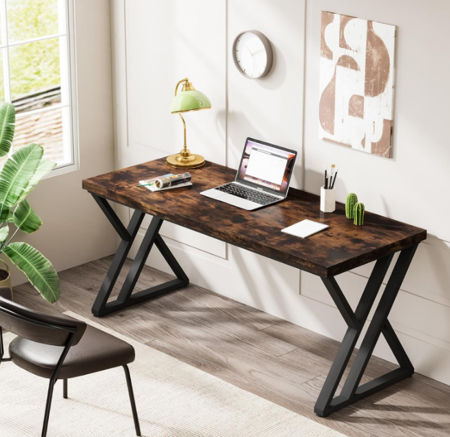 Writing Computer Desk, 55 inch Heavy Duty Study Desk with Z-Shaped Metal Leg, Modern Simple Home Office Computer Desk, Rustic Brown