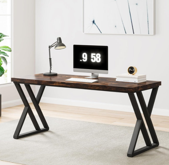 Writing Computer Desk, 55 inch Heavy Duty Study Desk with Z-Shaped Metal Leg, Modern Simple Home Office Computer Desk, Rustic Brown
