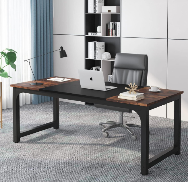 70.8”Executive Desk, Large Office Computer Desk with Thicken Frame, Modern Simple Workstation Business Furniture for Home Office, Rustic Brown/Black