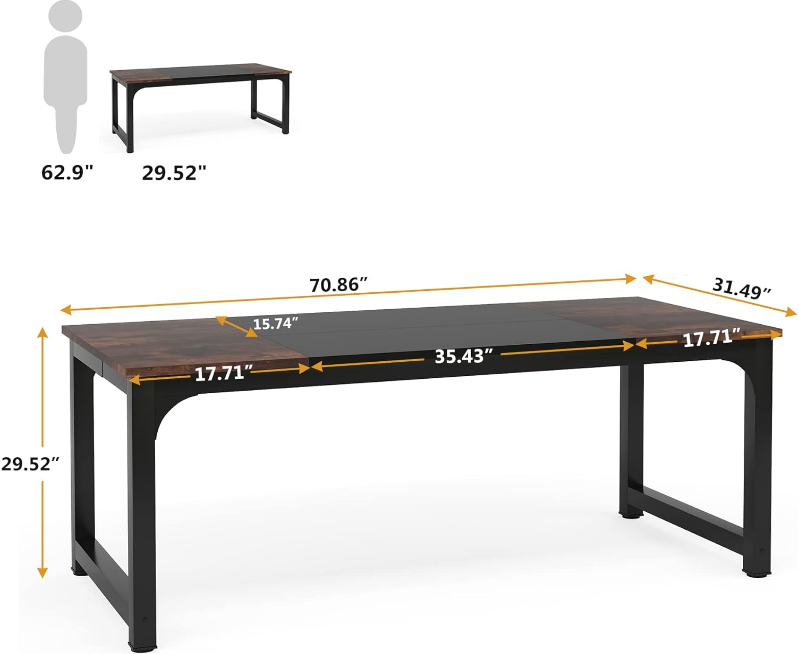 70.8”Executive Desk, Large Office Computer Desk with Thicken Frame, Modern Simple Workstation Business Furniture for Home Office, Rustic Brown/Black