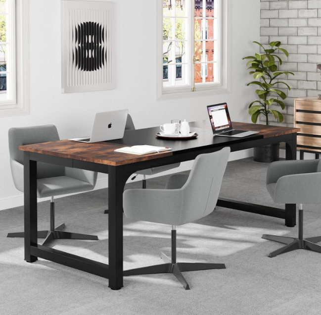 70.8”Executive Desk, Large Office Computer Desk with Thicken Frame, Modern Simple Workstation Business Furniture for Home Office, Rustic Brown/Black