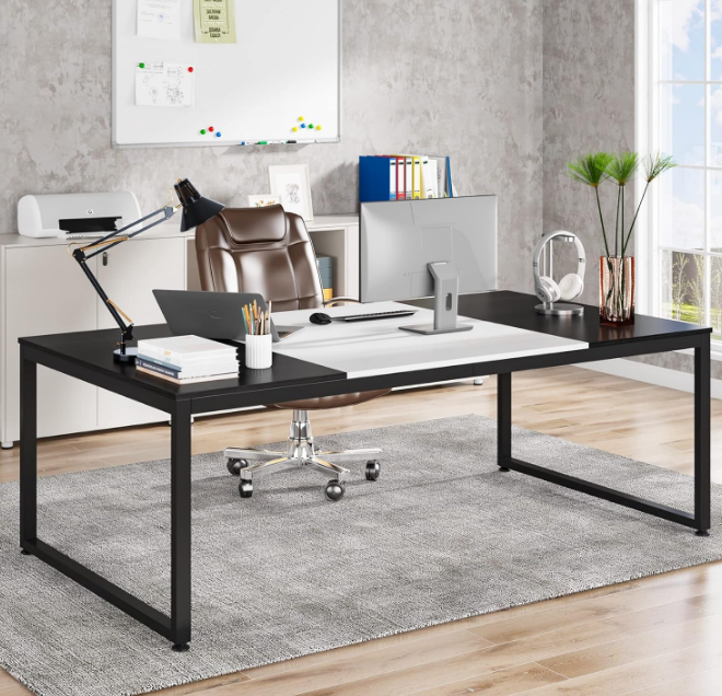 70.8 Inch Modern Executive Desk, Large Workstation Office Computer Table, Modern Simple Business Study Writing Desk Furniture for Home Office, Black and White