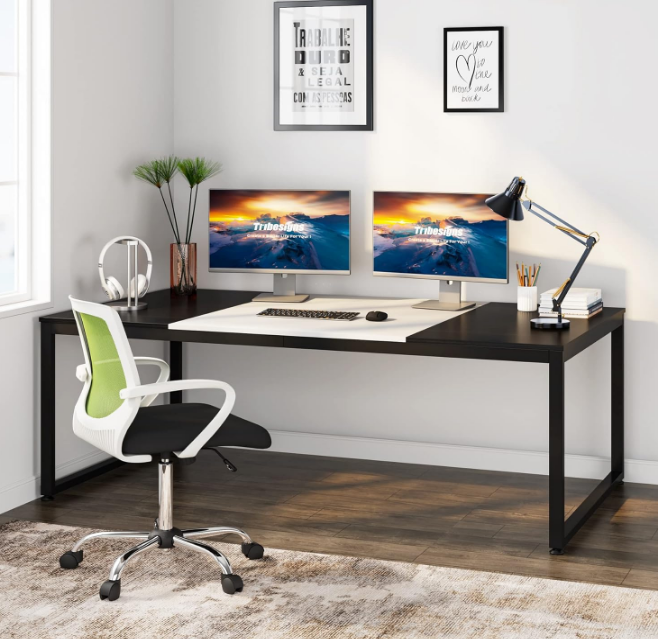 70.8 Inch Modern Executive Desk, Large Workstation Office Computer Table, Modern Simple Business Study Writing Desk Furniture for Home Office, Black and White