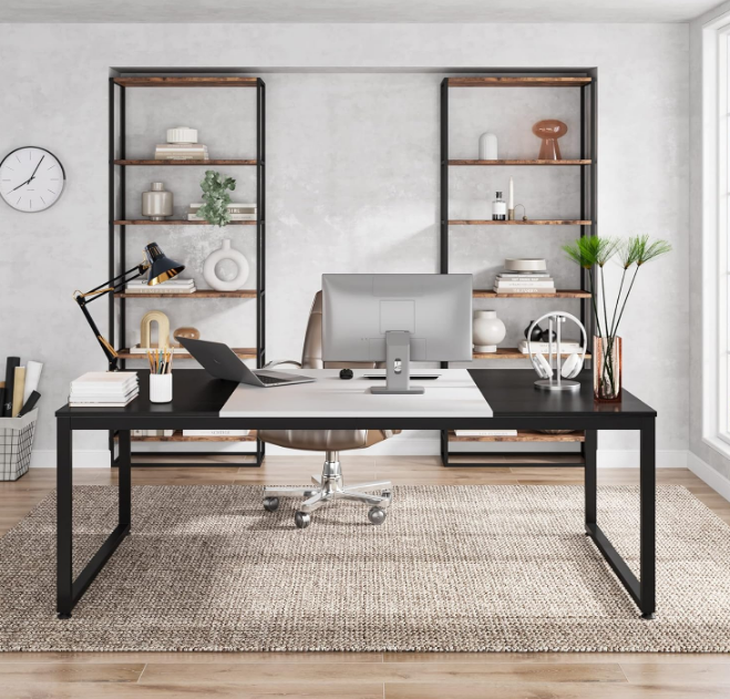 70.8 Inch Modern Executive Desk, Large Workstation Office Computer Table, Modern Simple Business Study Writing Desk Furniture for Home Office, Black and White