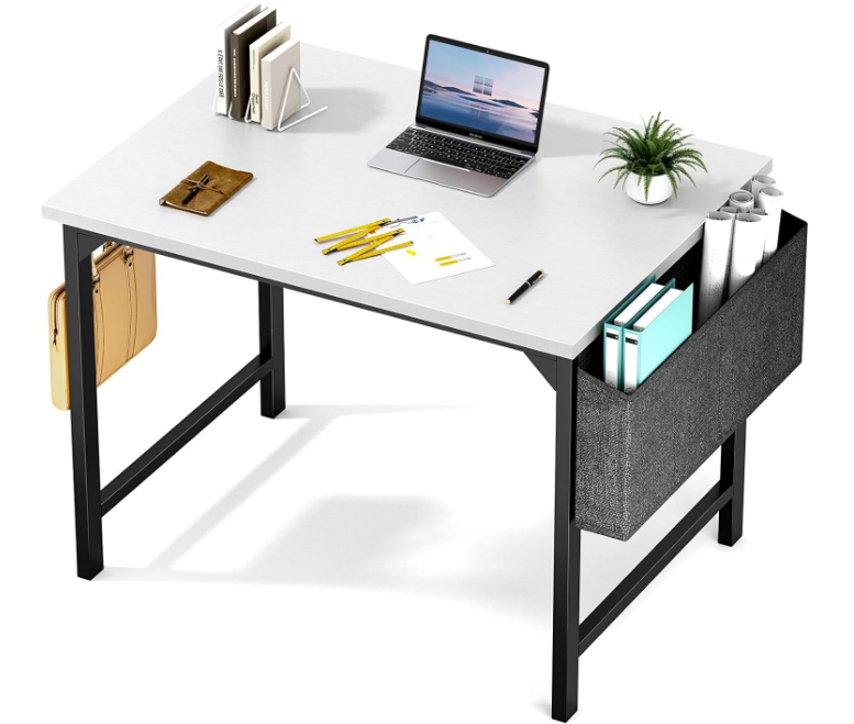 Computer Desk - 32 Inch Small Office Writing Work Study Kids Student Teacher Home Bedroom Table Storage Bag Headphone Hooks & no Wheels - White