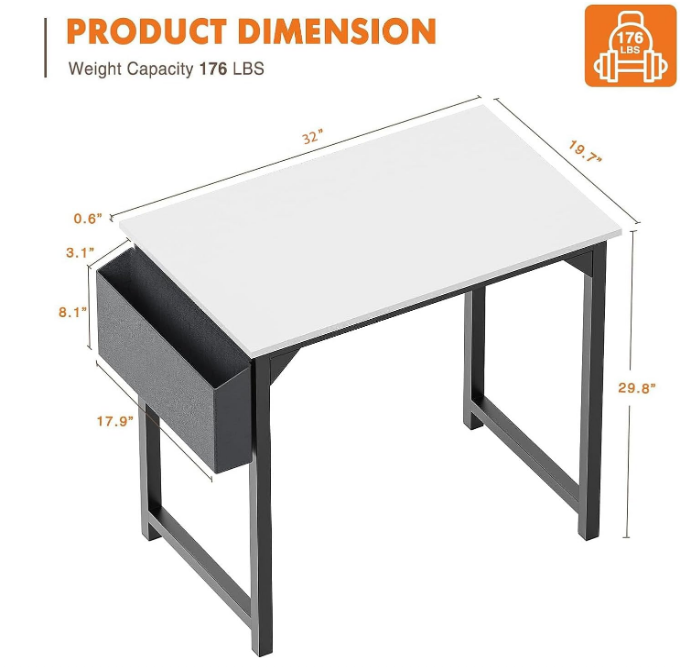 Computer Desk - 32 Inch Small Office Writing Work Study Kids Student Teacher Home Bedroom Table Storage Bag Headphone Hooks & no Wheels - White
