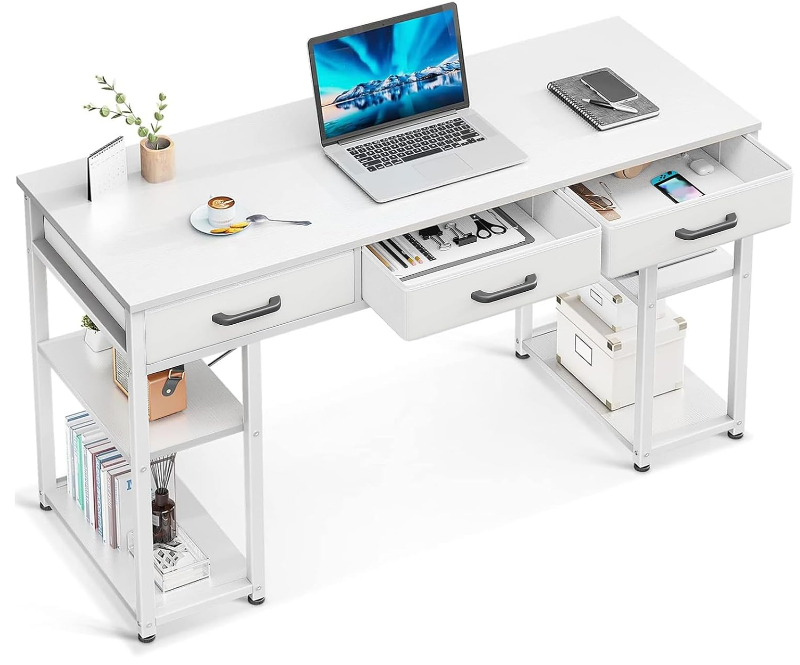 Office Small Computer Desk: Home Table with Fabric Drawers & Storage Shelves, Modern Writing Desk, White, 48"x16"
