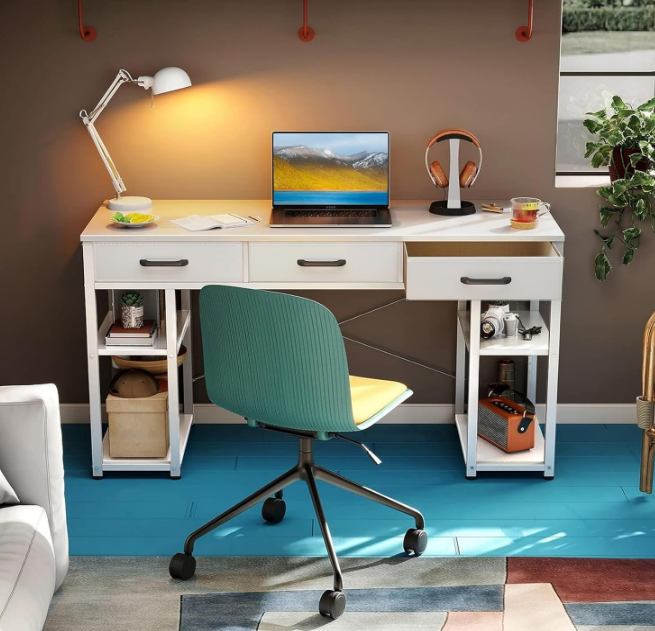 Office Small Computer Desk: Home Table with Fabric Drawers & Storage Shelves, Modern Writing Desk, White, 48"x16"