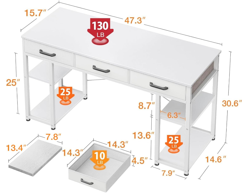 Office Small Computer Desk: Home Table with Fabric Drawers & Storage Shelves, Modern Writing Desk, White, 48"x16"