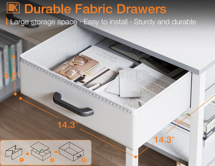 Office Small Computer Desk: Home Table with Fabric Drawers & Storage Shelves, Modern Writing Desk, White, 48"x16"