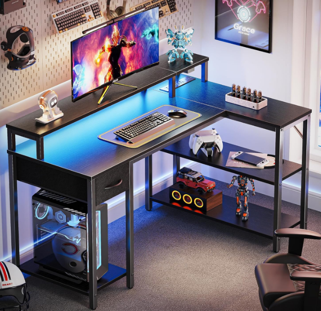47 inch Reversible L Shaped Desk with LED Lights & Power Outlets, Computer Desk with Shelves & Monitor Stand, Gaming Desk with Drawer, Home Office Desk Corner Desk, Black