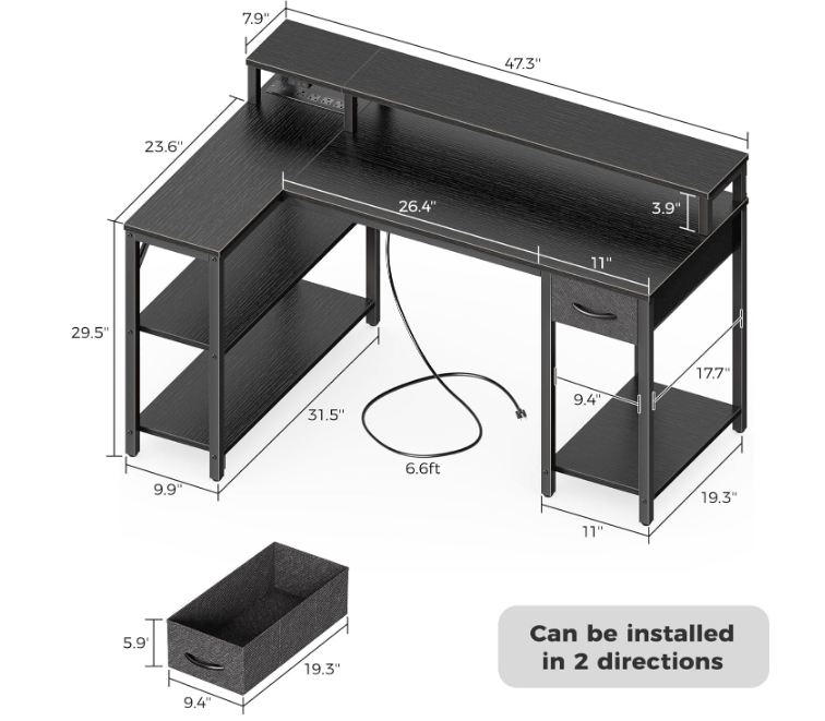 47 inch Reversible L Shaped Desk with LED Lights & Power Outlets, Computer Desk with Shelves & Monitor Stand, Gaming Desk with Drawer, Home Office Desk Corner Desk, Black