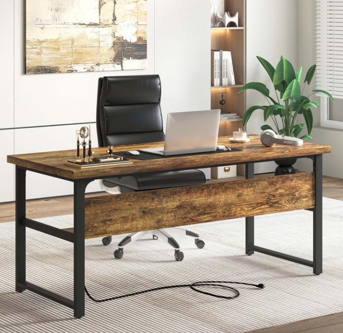 Computer Desk with Power Outlets, Executive Desk with Extra Thick Tabletop, Computer Office Desk Workstation with Bookshelf, Modern Simple Study Writing Table for Home Office, Rustic Brown