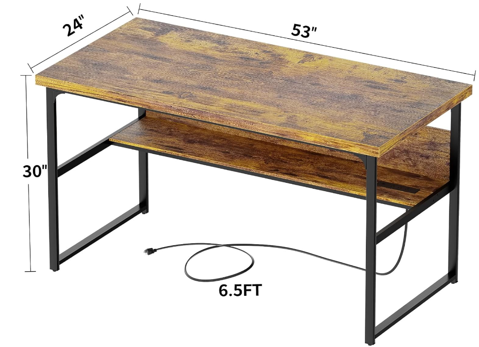 Computer Desk with Power Outlets, Executive Desk with Extra Thick Tabletop, Computer Office Desk Workstation with Bookshelf, Modern Simple Study Writing Table for Home Office, Rustic Brown