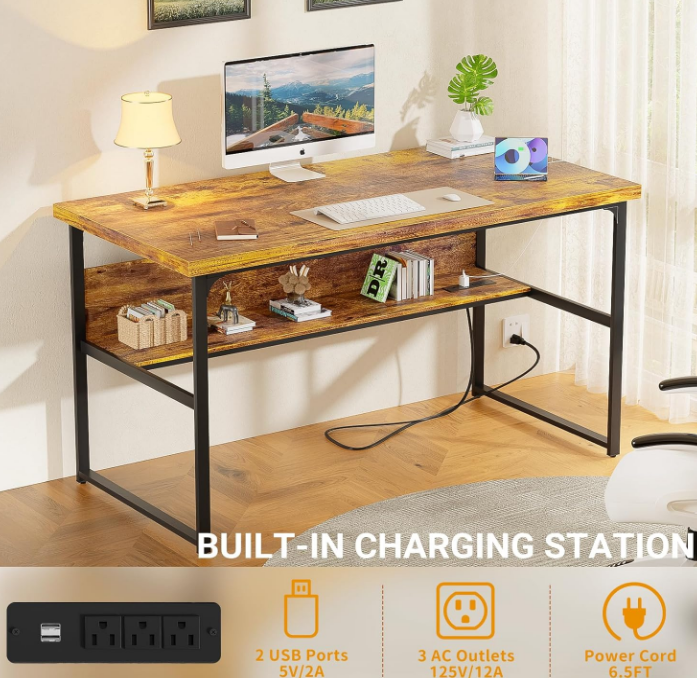 Computer Desk with Power Outlets, Executive Desk with Extra Thick Tabletop, Computer Office Desk Workstation with Bookshelf, Modern Simple Study Writing Table for Home Office, Rustic Brown