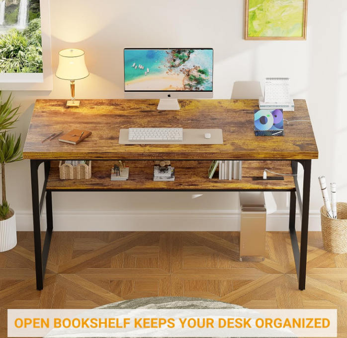 Computer Desk with Power Outlets, Executive Desk with Extra Thick Tabletop, Computer Office Desk Workstation with Bookshelf, Modern Simple Study Writing Table for Home Office, Rustic Brown