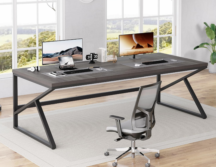 Extra Long Home Office Desk, Industrial Metal Wood Computer Desk, Large PC Laptop Table for Two Person Executive Writing Work Study Gaming, Bedroom Living Room Dual Monitor Desk, Dark Gray,78 Inch