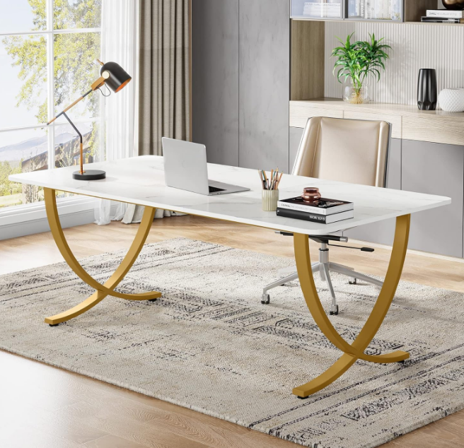 Executive Desk, 63” W x 31.5” D Large Office Desk, Modern Computer Desk Conference Table Meeting Room Table, Business Furniture for Home Office, White and Gold