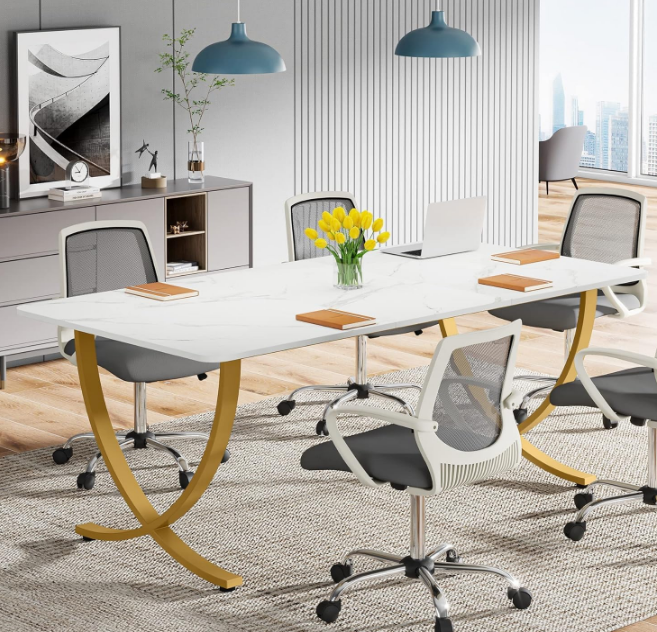 Executive Desk, 63” W x 31.5” D Large Office Desk, Modern Computer Desk Conference Table Meeting Room Table, Business Furniture for Home Office, White and Gold