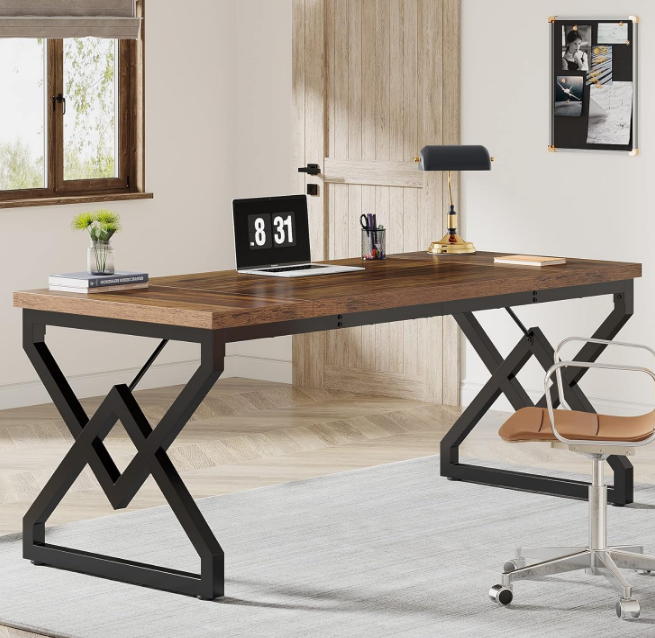 Executive Desk, Large Home Office Computer Desk with Extra Thick Wooden Tabletop and Metal Frame, Modern Simple Workstation Writing Table Study Desk for Home Office, Vintage Brown